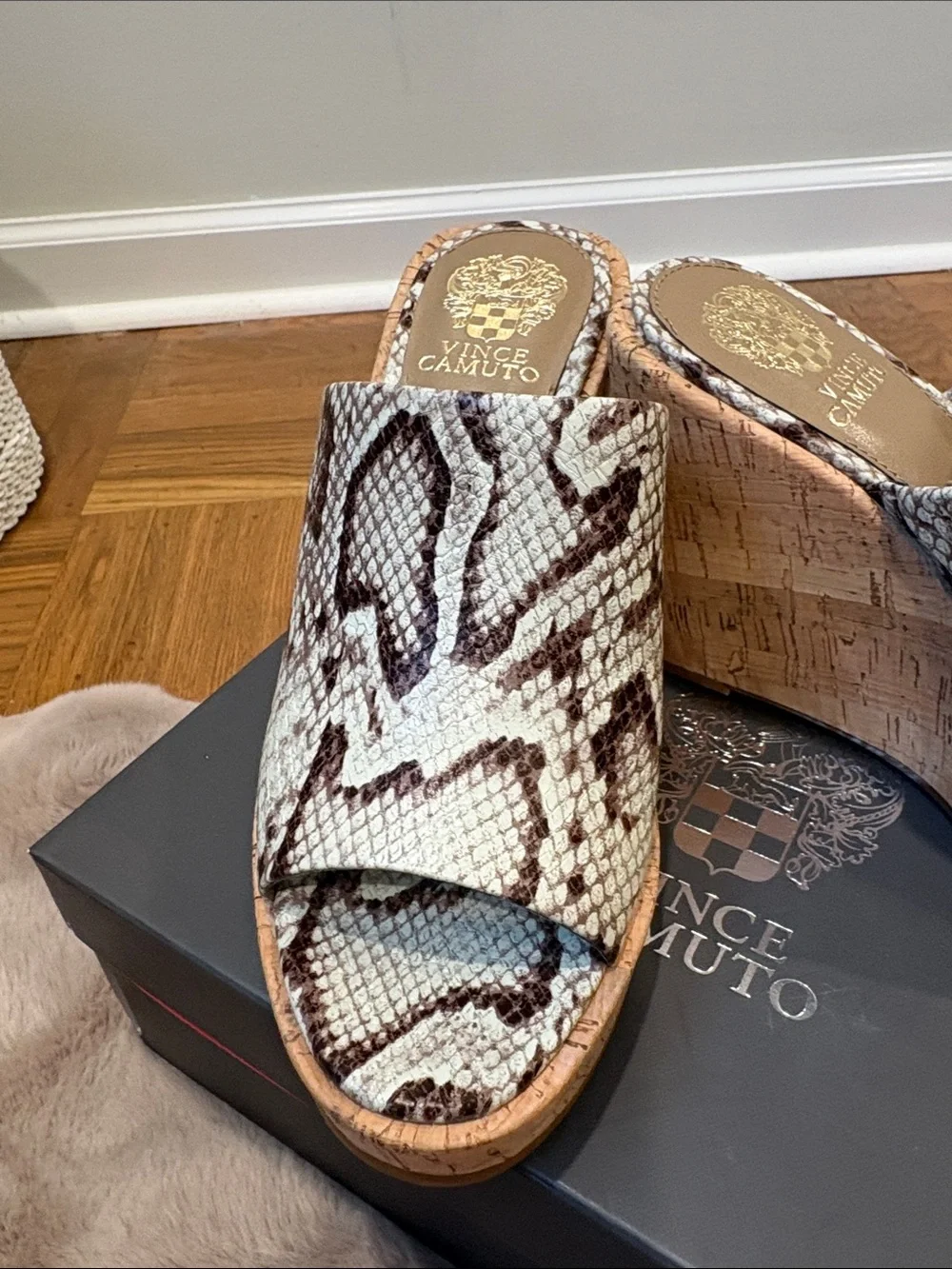 Vince Camuto Snake-Print Cork Wedge Sandals - Beige/Brown